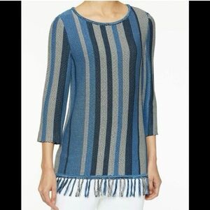 Ming Wang Blue & Black Striped Fringe Knit Tunic Top Women's L Relaxed Artsy